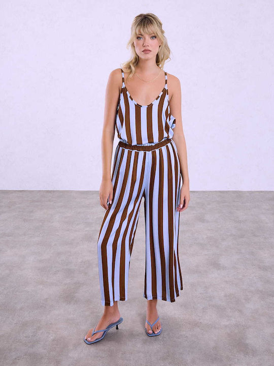 Celestino Дамска Широк Кроп На райета Вискоза Loose Fit Светлосин
