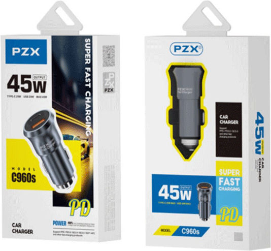 PZX PZX Auto Ladegerät 45W mit Anschlüssen: 1xUSB 1xType-C zusammen mit Kabeltyp Type-C