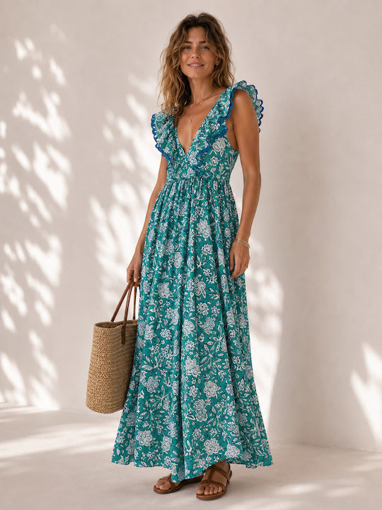 Sommer Maxi Hemdkleid mit Rüschen Türkis