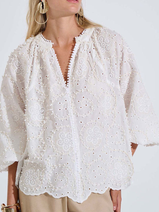 Damen Bluse Baumwolle mit 3/4 Ärmel & V-Ausschnitt Weiß