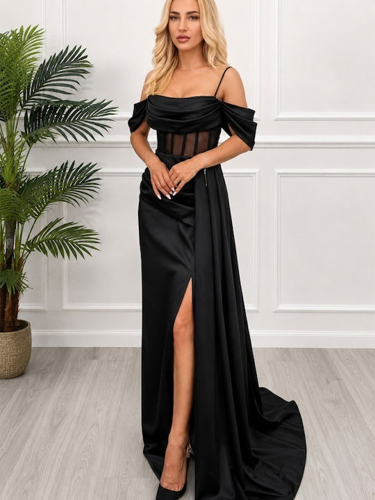 Sommer Abendkleid Strapless Satin Wickel mit Masche Schwarz