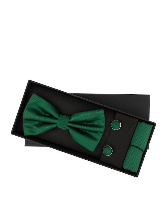 Set 3 Piese Cravată Papillon Butoni De Manșetă Batistă Bărbați Verde Setp214