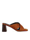 Suede Damen Pantoletten mit Chunky Hoch Absatz in Tabac Braun Farbe