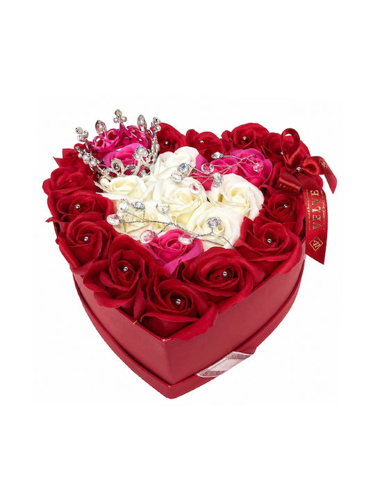 Aranjament Floral Regal 25 Trandafiri De Săpun Argintiu Coroană Regală Accesorii De Lux În Cutie În Formă De Inimă Roșu-Roz-Alb