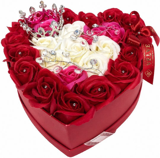 Royal Floral Arrangement 25 Soap Roses Silver Royal Crown Luxury Accessories In A Heart-shaped Box Red-pink-white