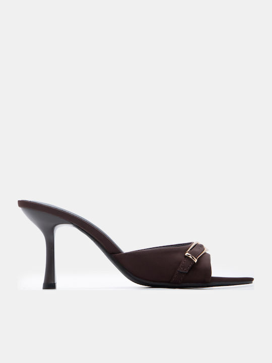 Satin Mules With High Heel In Brown Colour