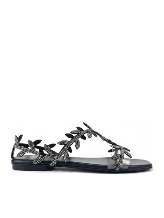 Leather Women's Flat Sandals Black 7854-Black