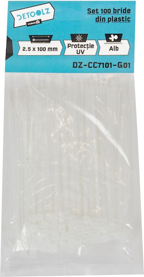 Detoolz Legături Cablu Din Plastic 100mmx2.5mm În Culoare Albă 100 Buc DZ-CC7101-G01