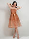 Summer Midi Evening Slip Dress with Lace and Ruffles Bronze