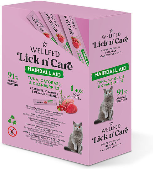 Λιχουδιά Γάτας Wellfed Lick N' Care Purée Hairball Aid 24x15gr 360gr