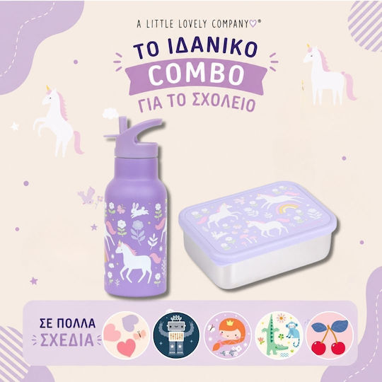 A Little Lovely Company Ανοξείδωτο Παιδικό Σετ Φαγητού Μονόκεροι 0.35lt Ασημί