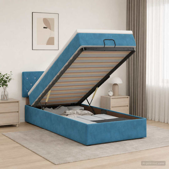 Single Bed Upholstered with Velvet Dark Blue with Slats and Mattress 90x200cm
