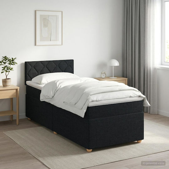 Single Upholstered Bed with Fabric Black with Slats and Mattress 90x190cm
