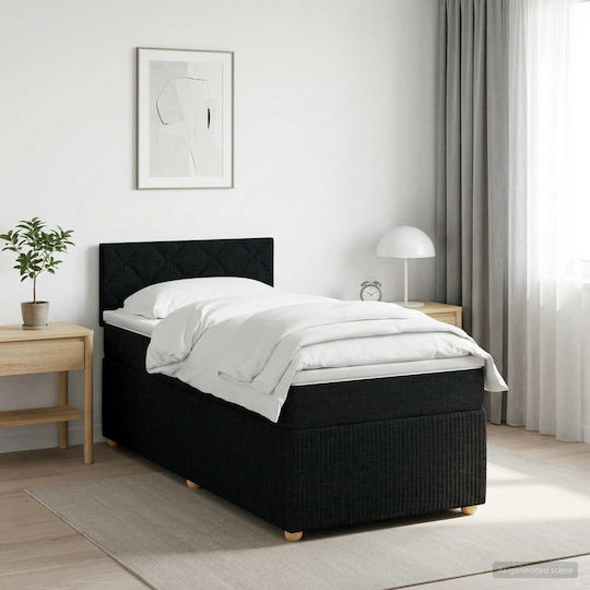 Single Upholstered Bed with Fabric Black with Slats and Mattress 80x200cm