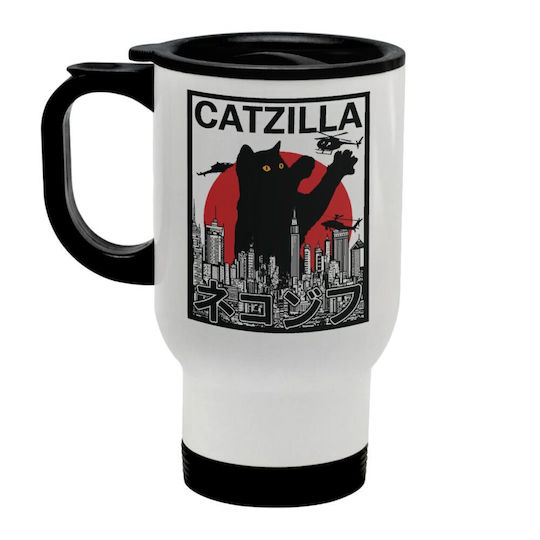 Koupakoupa Catzilla Stainless Steel Thermos Bottle 450ml White with Handle and Straw