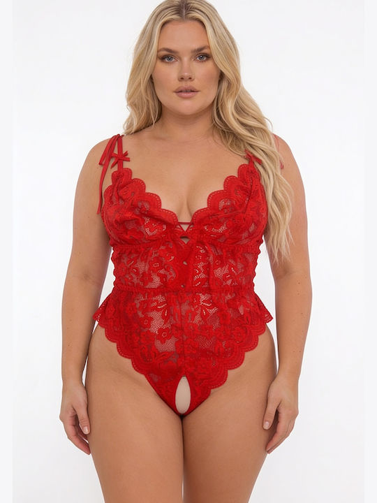 Plus Size Bodysuit Car Lace Up Red