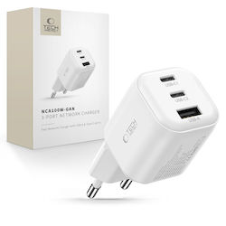 Tech-Protect GaN Kabelloser Ladegerät mit USB-A Ausgangsanschluss und 2 USB-C Ausgangsanschlüssen 100W Stromlieferung / Schnellaufladung 3.0 Weiß (NCA100W)