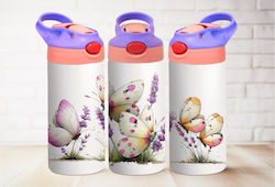 Stainless Steel Cap Kids Water Bottle Butterflies Thermos with Straw Purple 360ml