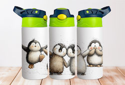 Stainless Steel Cap Kids Water Bottle Thermos with Straw Blue 360ml