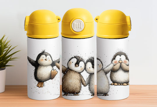 Stainless Steel Cap Kids Water Bottle Thermos with Straw Yellow 360ml