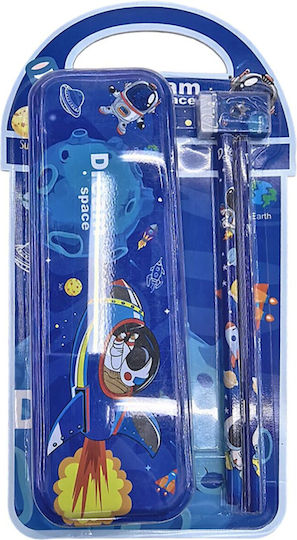 School Set 5 Pieces Metal Pencil Case 2 Pencils Eraser & Sharpener Astronauts 24.5x17cm Justnote 703588