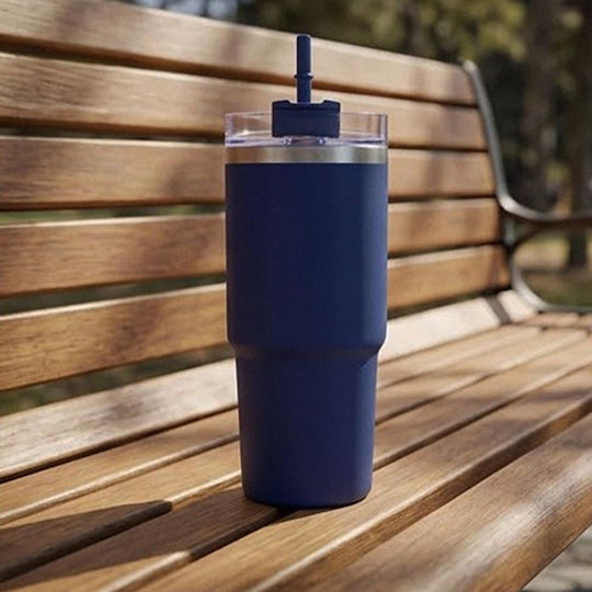 TnS Thermos Bottle Stainless Steel 600ml Blue with Straw
