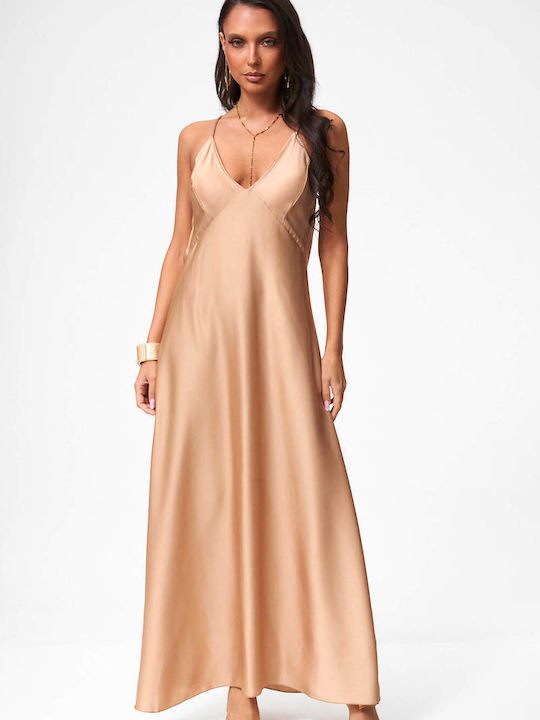Decoro Maxi Evening Satin Open Back Brown Dress