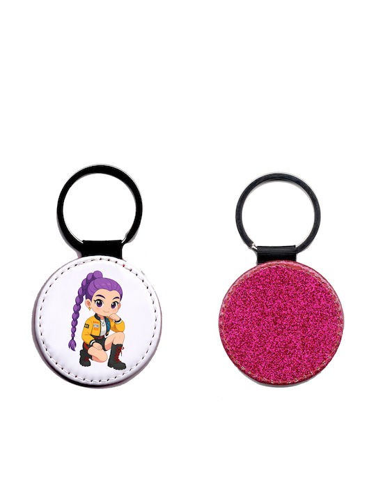 Leather Round Keychain Kpop Demon Hunters Glitter Fuchsia