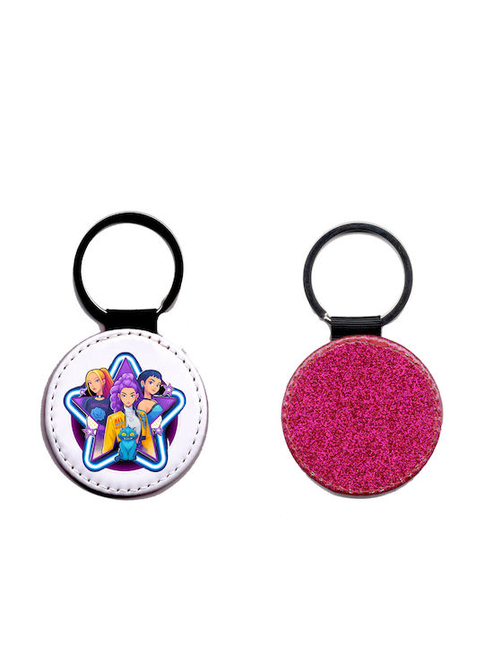 Leather Round Keychain Kpop Demon Hunters Glitter Fuchsia