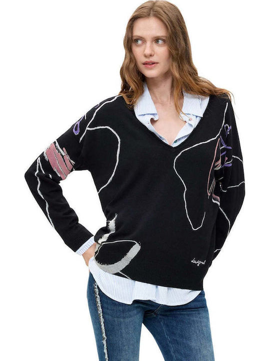 Damen Langärmeliges Pullover mit V-Ausschnitt Schwarz