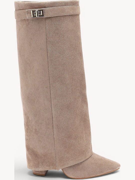 Beige Pointed Boots Suede Decorative Buckle