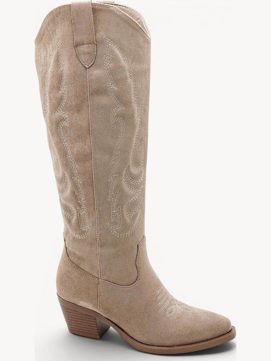 Beige Western Boots Suede Decorative Stitching
