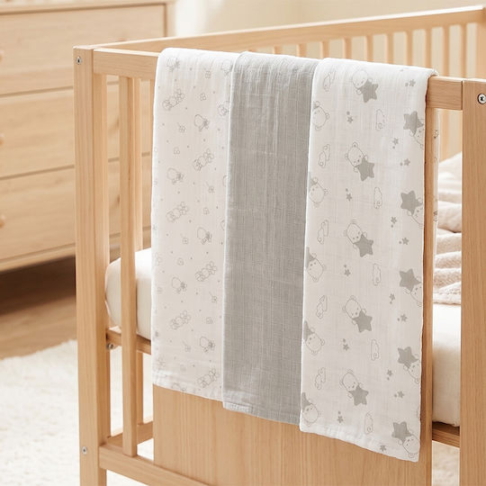 Gamberritos Kids Little Bears Muslin Swaddle Blanket Grey 70x70cm 3 Pieces