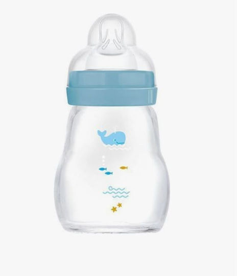 Mam Glass Baby Bottle Feel Good Anti-Colic with Silicone Teat for 0+ Months Blue 170ml