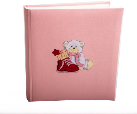 Pink Photo Album Hardcover With Rice Paper 100 Pages Fabric Cover Embroidered Teddy Bear Dimensions 29x32cm Lux Baby 12153