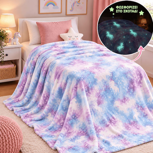 Mia Home Pătură Fleece Fluorescentă Fluorescentă Unicorni Bleu Cu Stele 200x150cm