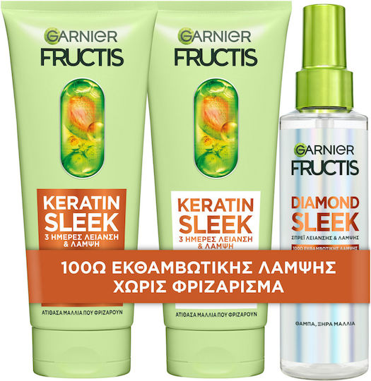 Garnier Fructis Diamond Sleek Σετ Περιποίησης Μαλλιών για Ίσιωμα με Κερατίνη για Ξηρά Μαλλιά με Σαμπουάν, Conditioner & Spray 3τμχ