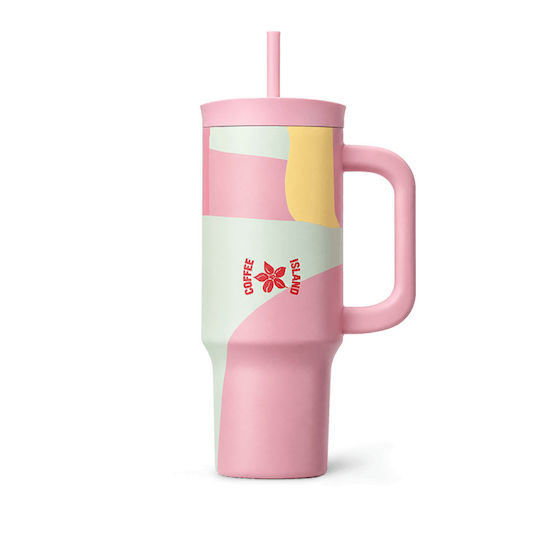 Coffee Island Bloom Thermos Glass 900ml Pink Bloom with Straw
