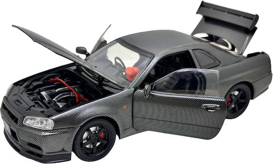 Nissan Skyline GT-R R34 Aspect Carbon Metal Die-cast Model Mașină 1/24 Sunet Lumini Uși Capote Deschise