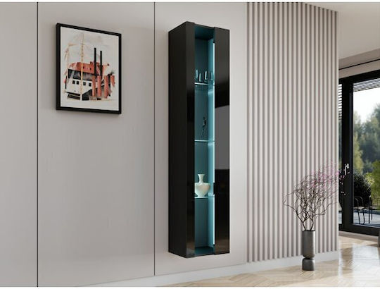 Vilrin V Wall Living Room Display Cabinet Made of Wood with Window and Lighting Glossy Black 40x30x180cm