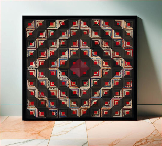 Painting Blocks Arranged In Barn Raising Pattern Block Centers Red Wool Strips In Variety Solid Colors Prints Blue Edge Binding Back Is Black White Small Floral Print On Grey Ground 110x110