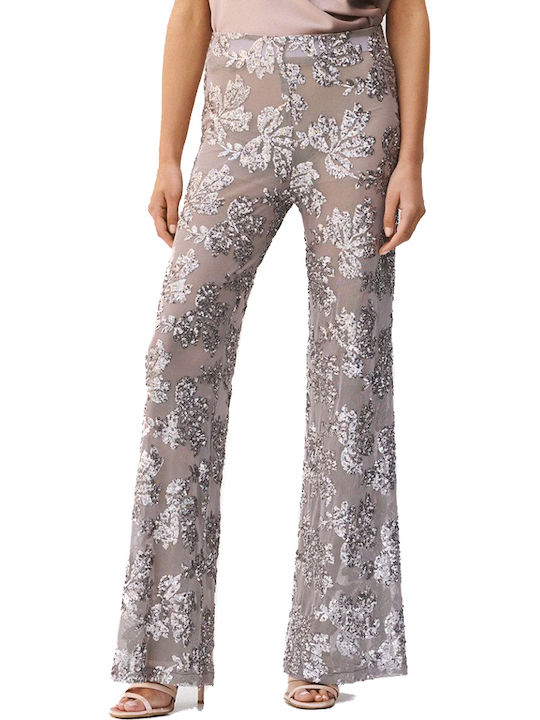 Damen Stoffhose mit Gummiband in Gerader Bein Stil Silber- Puro mit Pailletten