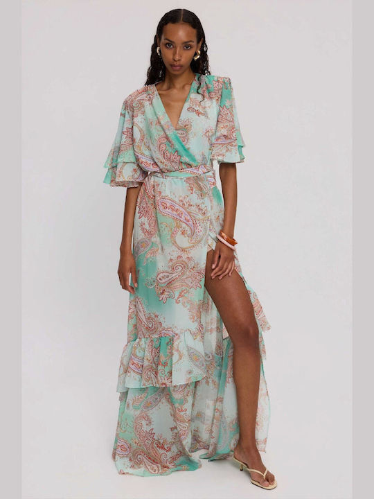 Ciel Summer Maxi Shirt Dress with Ruffles Mint Paisley