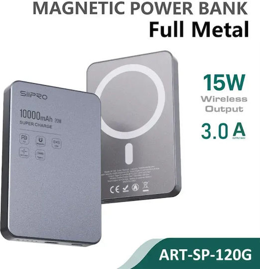 SiiPro Thin Metal MagSafe Power Bank 10000mAh 15W Grey