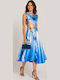 Summer Midi Shirt Dress Satin Blue Multicolour
