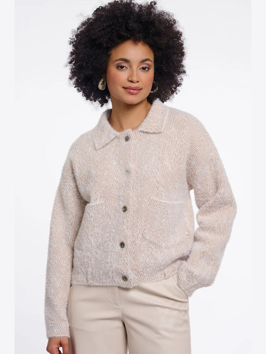 Късо дамско яке за зима Beige Herringbone