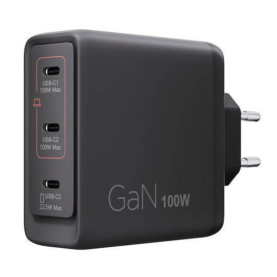 Lenovo Φορτιστής Χωρίς Καλώδιο GaN με 3 Θύρες USB-C 100W Μαύρος (G0A6100BEU)