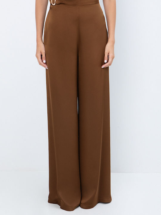 Damen Hochbund Satin Pantaloons mit Gummiband in Gerader Bein Stil Braun