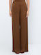 Damen Hochbund Satin Pantaloons mit Gummiband in Gerader Bein Stil Braun