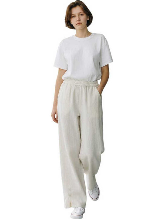 Damen Leinen Pantaloona mit Gummiband in Lose Passform Beige